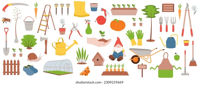 Set of objects and accessories necessary for gardening and farming.Isolated vector illustration.