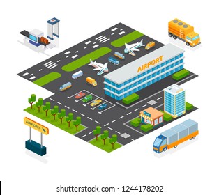 Set of objects airport. Airport building terminal, hotel, cafe, parking for cars, checkpoint, aircraft on runway, technical transport in territory. Isometric vector, city map constructor elements.