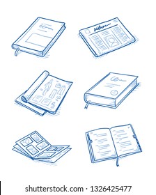 Set of objects as: books and magazines, newspaper, journal and dictionary. Hand drawn blue line art cartoon vector illustration. 