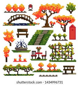 Set of objects for autumn park isolated on white background. Landscaping. Pixel art. 8 bit. Vector illustration