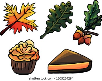 Set of objects in autumn style, cartoon style, maple, oak, acorn, leaves, fall, wilting, orange, cupcake, pumpkin pie, wilting, nature, back to school, for kids, isolated on white background, joy, pie