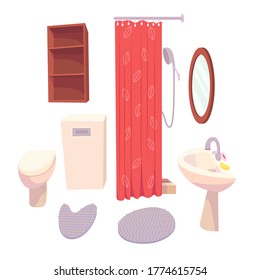 Set of objects for bathroom or toilet. Carpets, toilet bowl, shower, mirror and sink. Vector cartoon flat illustration isolated on white background.