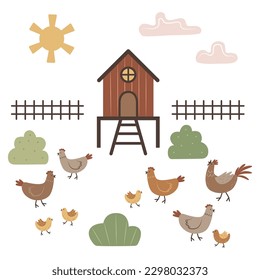 Set of objects and birds. Poultry yard with hens, roosters and chicks. Doodle art. Simple isolated vector clipart. Chicken coop, fence and bushes for a farm or ranch. Flat design elements