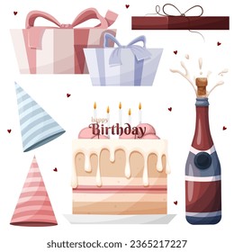 a set of objects for a birthday party. cake, caps, gifts, champagne