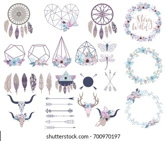 Set of objects in bohemian style. Flowers wreath, terrarium, arrows, skulls.  Editable vector illustration