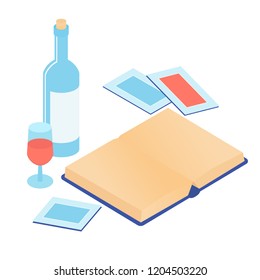 Set of objects: a bottle of wine, a glass, a book and photos. Minimalistic isometric illustration.