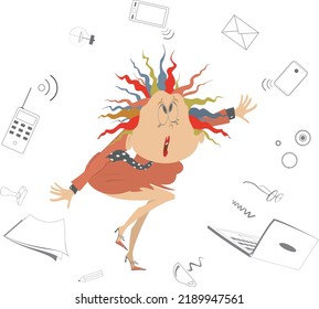 Set objects for business woman concept. 
Confused woman surrounded with a lot of different objects. Illustration on white background
