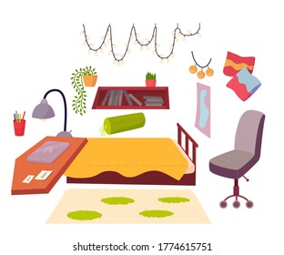 Set with objects for cabinet or bedroom. Table, chair, lamp, notebook, pens, bed, pillows, home flowers, books and carpet. Vector cartoon flat illustration isolated on white background.