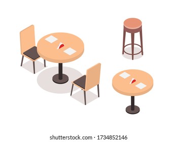 Set of objects for a cafe, restaurant, coffee shop, bar, or home. Collection of vector isometric elements on a white background. Tables, chairs and a bar stool. 