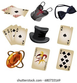 Set of objects card shark and poker player isolated on white background. Chewed playing card, womens corset, bow tie, hat cylinder, pendant scorpion in amber. Vector cartoon close-up illustration.
