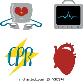 Set of objects for cardiopulmonary resuscitation. Urgent Care. Medical equipment. Defibrillator, ecg.
