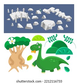 Set of objects for cards and scenes with dinosaurs. Stones, bridge and plants. Isolated elements for games, posters. Vector illustration.
