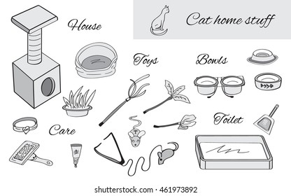 Set of objects for cat care. Cat house, toilet, bowls, toys elements. Black and white sketch