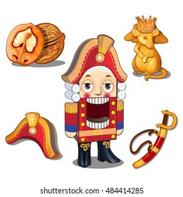 A set of objects and characters from the Nutcracker isolated on white background. Vector cartoon close-up illustration.