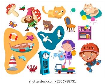 Set of objects, children, animals, stickers for design. Vector cartoon illustrations. Isolated objects on white background.