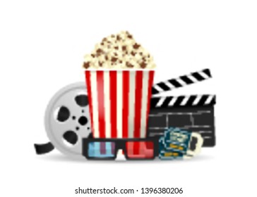 Set of objects cinema isolated on white background. Cinematography concept. Popcorn, film reel, clapper board, cinema tickets, 3d glasses. Vector illustration.