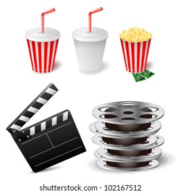 set of objects for cinematography clapper and film tape vector illustration isolated on white background