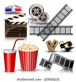 set of objects for cinematography clapper,film tape, 3d glasses vector illustration