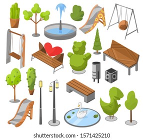 Set of objects city park with architecture, landscape garden isometric vector. Trees, fences, monuments, fountain, pond, swan lake, children playground, recreation park, city constructor