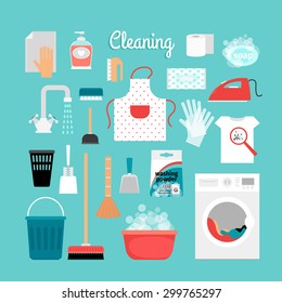 Set of objects for cleaning: washing machine , powder, brush, iron, soap, broom, mop, apron, bucket