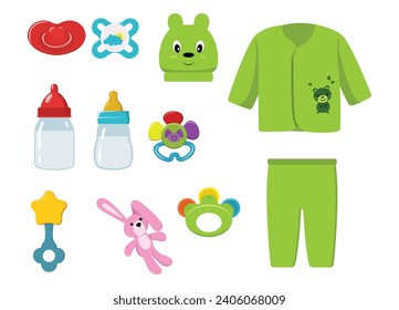 Set of objects, clothes for babies in cartoon style. Vector illustration of baby things: pacifiers of different shapes, feeding bottles, teethers, rattles, suits isolated on white background.