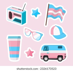 Set of objects in the colors of the transgender flag in a cartoon style. Vector illustration of various: flag, cap, glasses, radio, cup of coffee, bus isolated on white background.