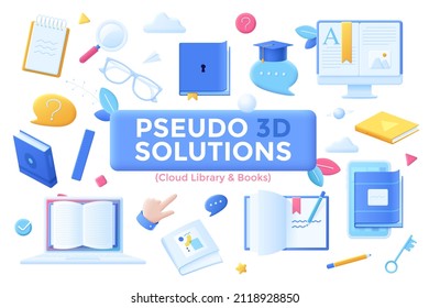 Set Of Objects And Compositions In Pseudo 3d Style - University Or School Education, Internet Courses, Online Learning, Academic Knowledge, Taking Notes. Modern Vector Illustration For Banner, Poster.