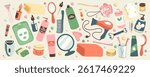 Set of objects and cosmetics for the bathroom. Personal daily self care accessories and hygiene with massage products, hygiene products, spa products. Isolated flat designs