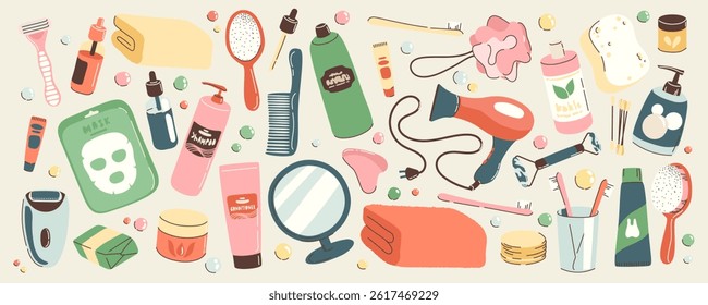 Set of objects and cosmetics for the bathroom. Personal daily self care accessories and hygiene with massage products, hygiene products, spa products. Isolated flat designs