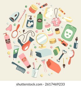 Set of objects and cosmetics for the bathroom. Personal daily self care accessories and hygiene with massage products, hygiene products, spa products. Isolated flat designs