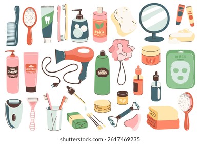 Set of objects and cosmetics for the bathroom. Personal daily self care accessories and hygiene with massage products, hygiene products, spa products. Isolated flat designs