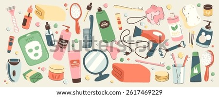 Set of objects and cosmetics for the bathroom. Personal daily self care accessories and hygiene with massage products, hygiene products, spa products. Isolated flat designs