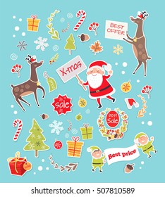 Set of objects for creation New Year and Christmas greeting cards. Santa Claus, gift box, fir tree, deer, elves, ball. Sale best offer concept. Big discounts. Elements for design. Vector illustration