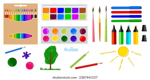 Set of objects for creativity. Colored pencils in box, watercolor paints, gouache, paint brushes, markers, markers. Hand drawn Children's drawing of sun, tree, cloud. Design of kids creative studio