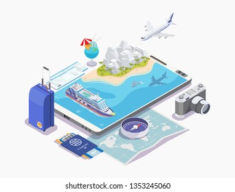 set of objects cruise ship isometric vector illustration, cruise concept, banner for rest, white background