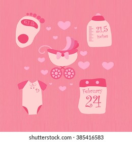 Set of objects. Data of your kid. Foot with growth of your child. Bottle with weight of the baby. T-shirt with the initials. Calendar with birthday. Baby carriage. It can be used for album newborn.