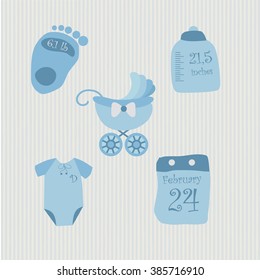Set of objects. Data of your kid. Foot with growth of your child. Bottle with weight of the baby. T-shirt with the initials. Calendar with birthday. Baby carriage. It can be used for album newborn