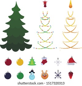 Set of objects for decorating the Christmas tree: beads and garlands, toys and stars. Multi-colored balls and figures. Decor for the party. Design for posters, banners, flyers.