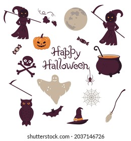 Set of objects for design for Halloween. Lettering, grim reapers, spider web, ghost, cauldron, owl. Color vector illustration, flat style. White isolated background.