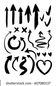 Set of objects for design. Vector image of abstract arrows, hearts, crosses and daws. Hand drawing.