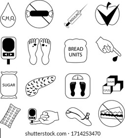 Conjunto de objetos para diabéticos. Control de glucosa, dieta con recuento de unidades de pan.Iconos vectoriales médicos.