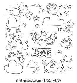 The set of objects in the Doodle style. Rainbow, clouds, wings and stars with the words love in black and white outline