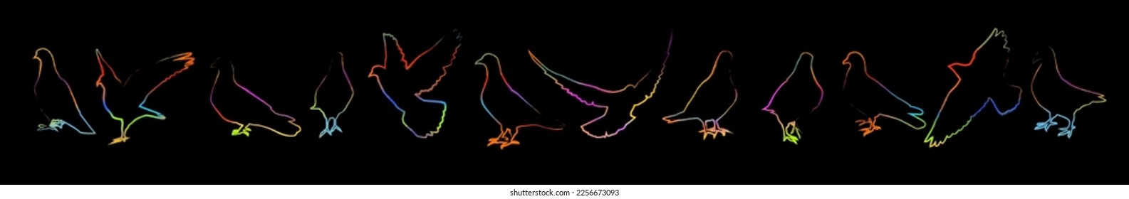 Set Objects doves colored brush line. Vector illustration