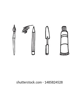 Set of objects for drawing, paint, brushes, pencil