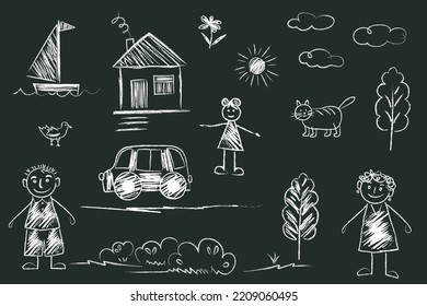 Set of objects drawn child. little girl, mom, dad, woman, man, house, bird, cat, sun, clouds, car, flower, tree, ship. Children's doodle elements drawn with white chalk or pencil on black school board