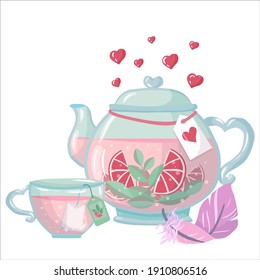 A set of objects drawn with a line. Teapot with hearts. Simple drawing in pastel colors. Vector illustration drawn in cartoon style isolated on white background