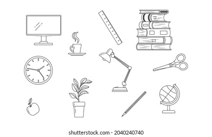 Set of objects for education, home office, distance learning. Vector illustration outline, style, white isolated background.