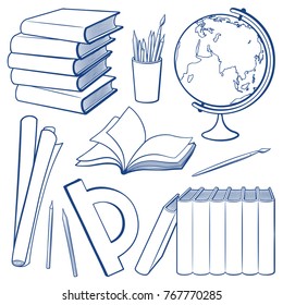 Set of objects. Education tools and study equipment. Stack of books, pencil cup, globe, paper roll, protractor, brushes and pencils. Outline monochrome vector illustration