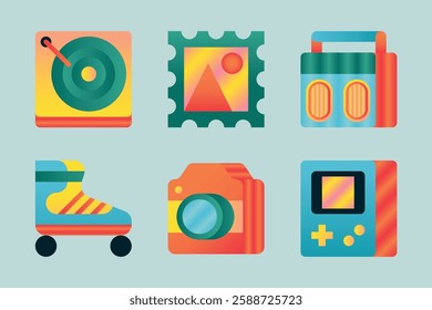 A set of objects for entertainment and escape. Creative leisure icons. Vector illustrations of turntable, stamp, radio, roller, camera and game console.