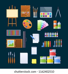 Set of objects for fine art, creation, artistic activity, sphere of designer. Wooden easel, canvas for drawing paintings, tubes, cans with paint, markers, accessories for artist. Vector illustration.